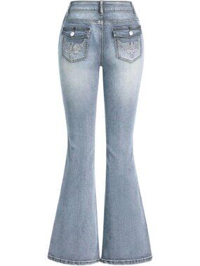 Women's Light Blue Denim Pull On Y2k Goth High Waist Mid Rise Bell Bottom Jeans